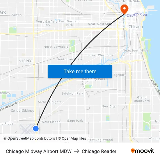 Chicago Midway Airport MDW to Chicago Reader map