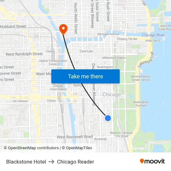 Blackstone Hotel to Chicago Reader map