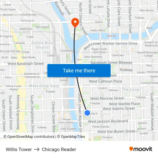 Willis Tower to Chicago Reader map