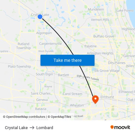 Crystal Lake to Lombard map