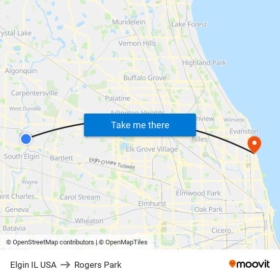 Elgin IL USA to Rogers Park map