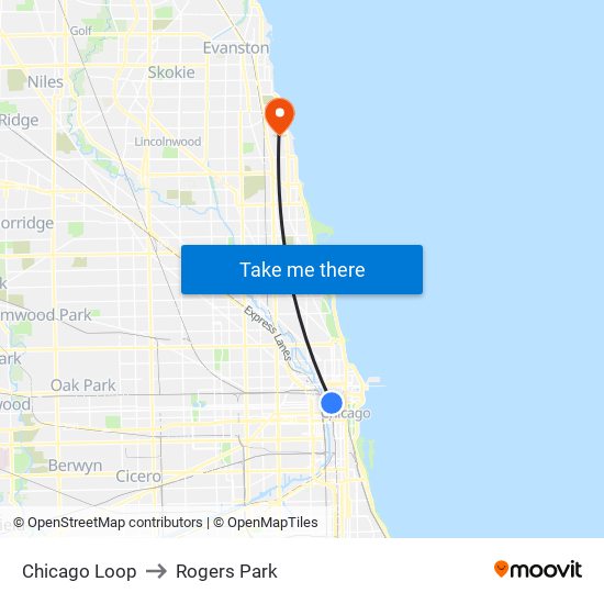 Chicago Loop to Rogers Park map