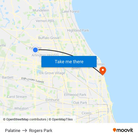 Palatine to Rogers Park map