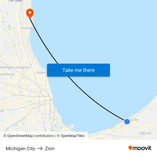 Michigan City to Zion map