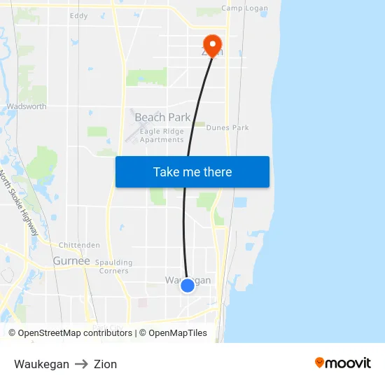 Waukegan to Zion map