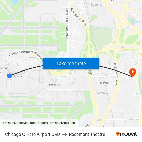 Chicago O Hare Airport ORD to Rosemont Theatre map