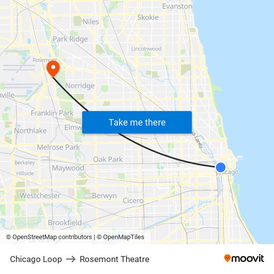 Chicago Loop to Rosemont Theatre map