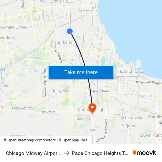 Chicago Midway Airport MDW to Pace Chicago Heights Terminal map