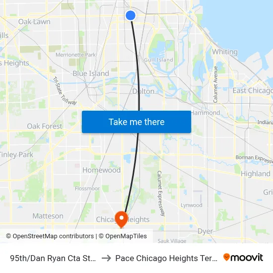 95th/Dan Ryan Cta Station to Pace Chicago Heights Terminal map