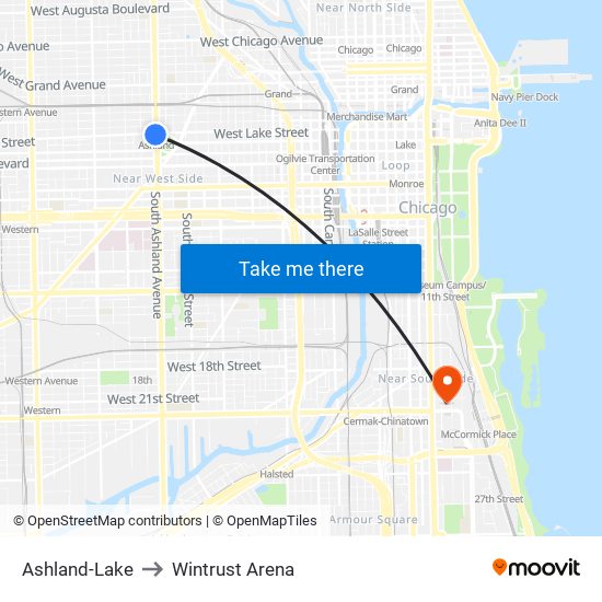 Ashland-Lake to Wintrust Arena map