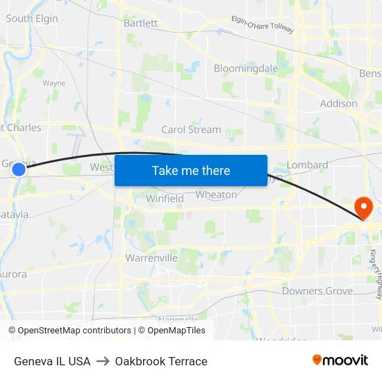 Geneva IL USA to Oakbrook Terrace map