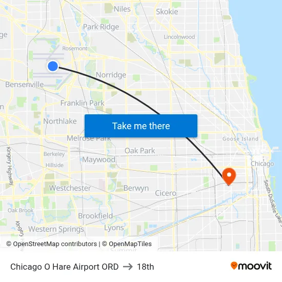 Chicago O Hare Airport ORD to 18th map