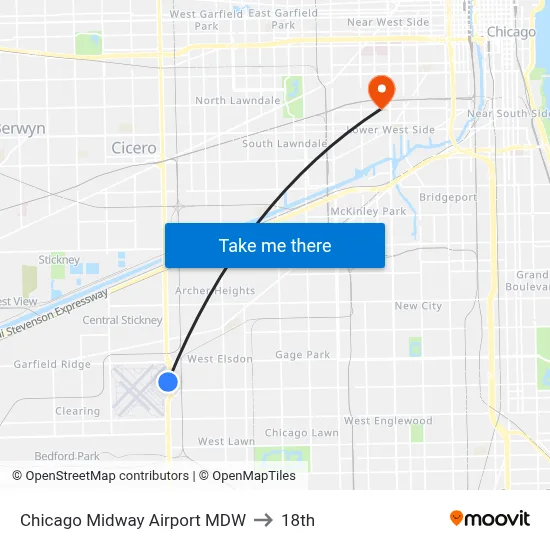 Chicago Midway Airport MDW to 18th map