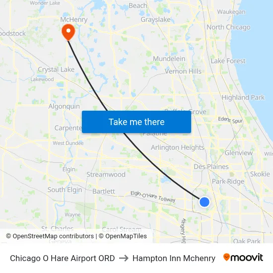 Chicago O Hare Airport ORD to Hampton Inn Mchenry map