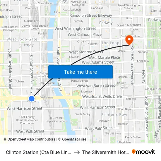 Clinton Station (Cta Blue Line) to The Silversmith Hotel map