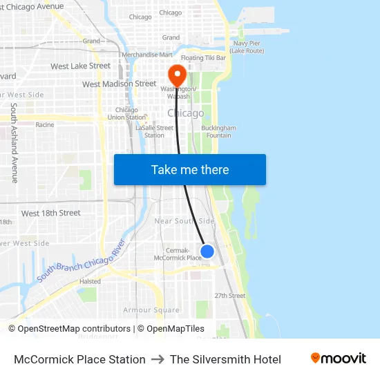 McCormick Place Station to The Silversmith Hotel map