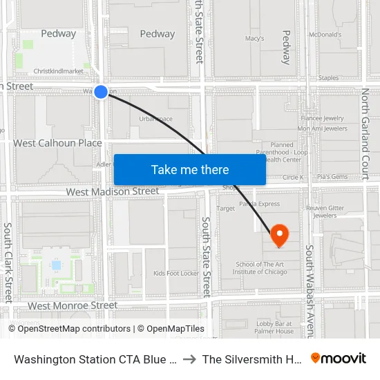 Washington Station CTA Blue Line to The Silversmith Hotel map