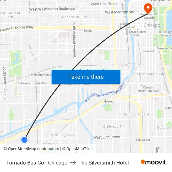 Tornado Bus Co - Chicago to The Silversmith Hotel map