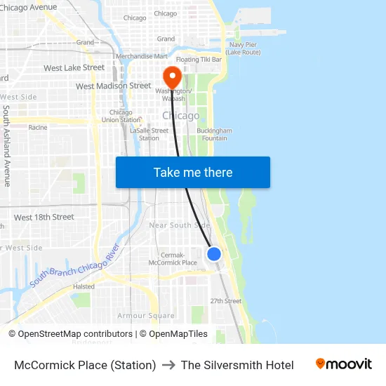 McCormick Place (Station) to The Silversmith Hotel map
