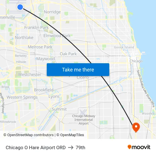 Chicago O Hare Airport ORD to 79th map