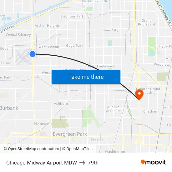 Chicago Midway Airport MDW to 79th map
