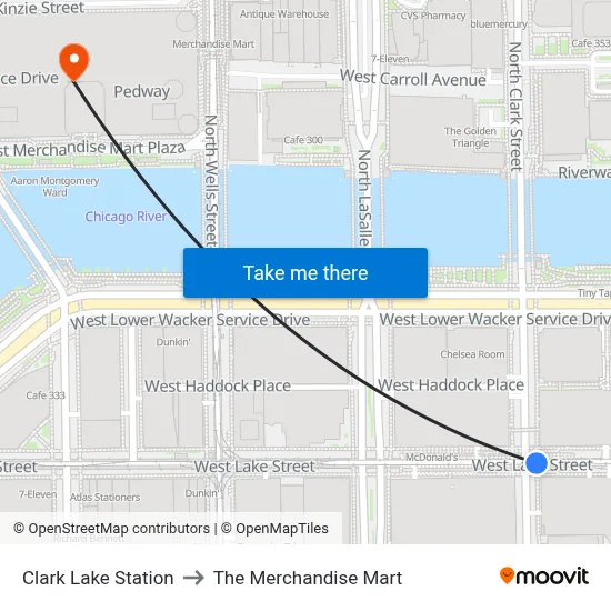 Clark Lake Station to The Merchandise Mart map