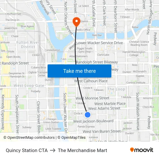 Quincy Station CTA to The Merchandise Mart map