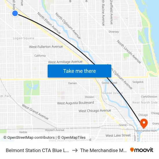Belmont Station CTA Blue Line to The Merchandise Mart map