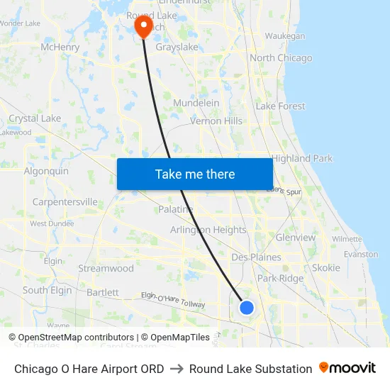 Chicago O Hare Airport ORD to Round Lake Substation map