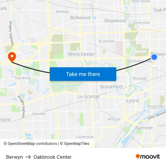 Berwyn to Oakbrook Center map