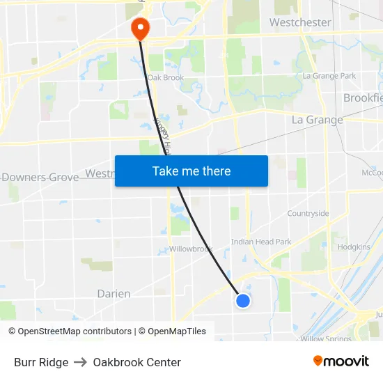 Burr Ridge to Oakbrook Center map