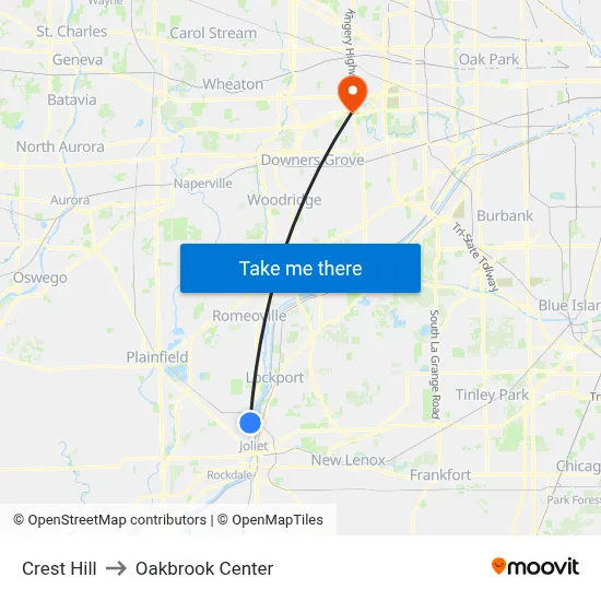 Crest Hill to Oakbrook Center map