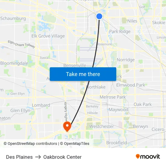 Des Plaines to Oakbrook Center map