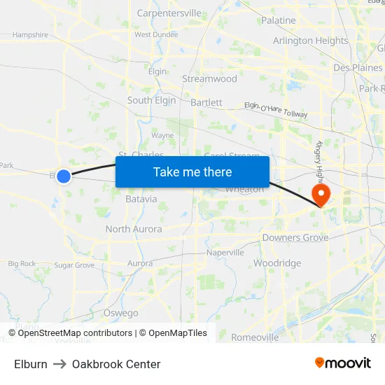 Elburn to Oakbrook Center map
