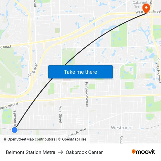 Belmont Station Metra to Oakbrook Center map