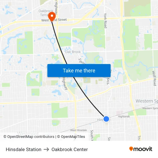 Hinsdale Station to Oakbrook Center map