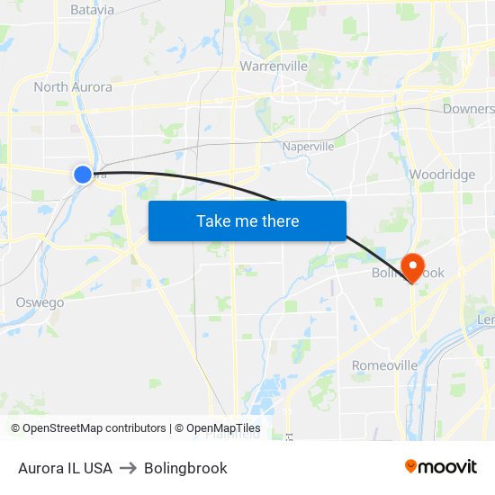 Aurora IL USA to Bolingbrook map