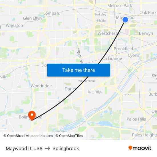 Maywood IL USA to Bolingbrook map