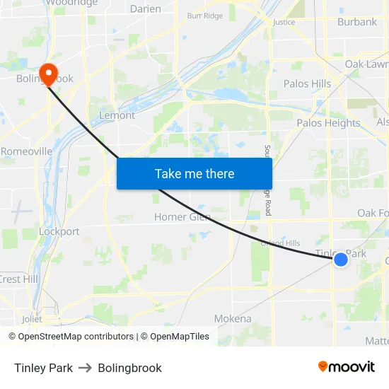Tinley Park to Bolingbrook map