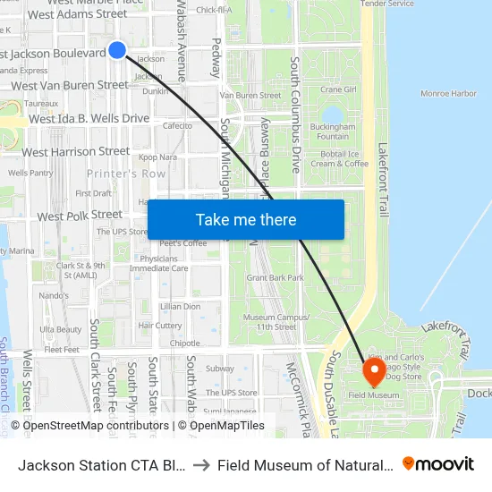 Jackson Station CTA Blue Line to Field Museum of Natural History map
