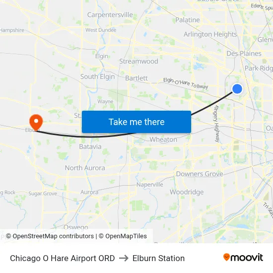 Chicago O Hare Airport ORD to Elburn Station map