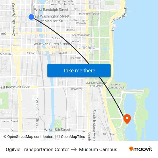 Ogilvie Transportation Center to Museum Campus map