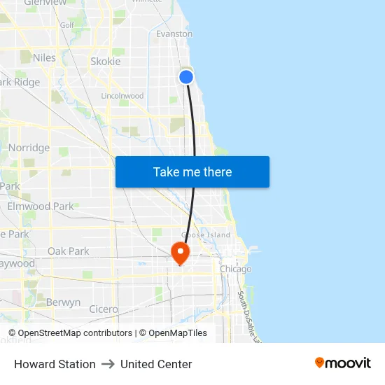 Howard Station to United Center map