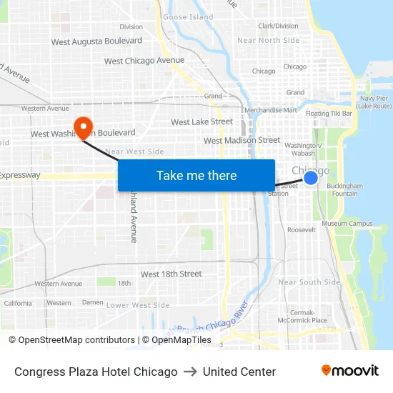 Congress Plaza Hotel Chicago to United Center map