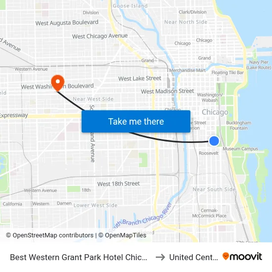 Best Western Grant Park Hotel Chicago to United Center map