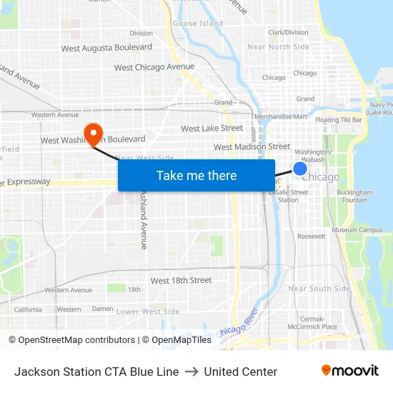 Jackson Station CTA Blue Line to United Center map