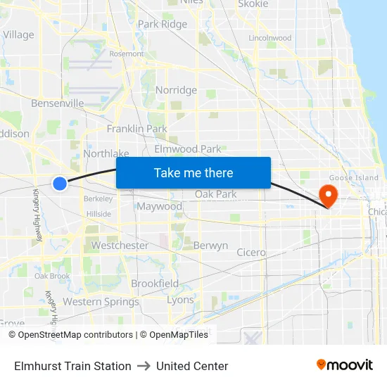 Elmhurst Train Station to United Center map