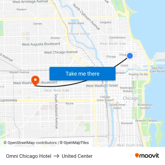 Omni Chicago Hotel to United Center map