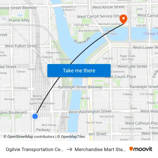 Ogilvie Transportation Center to Merchandise Mart Station map