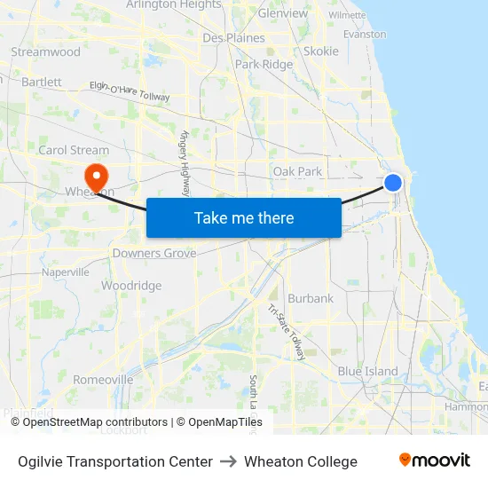 Ogilvie Transportation Center to Wheaton College map